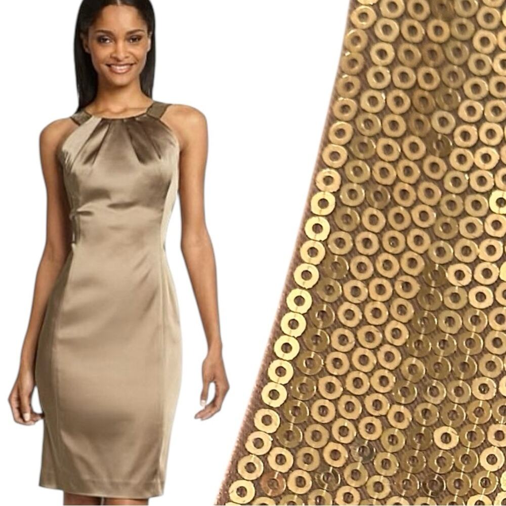 NWOT Calvin Klein Sheath Dress Metallic Sleeveless Sequin Oatmeal Satin Size 2